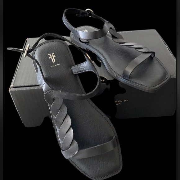 New! FRYE Sydney Braided Black Leather Ankle Strap Sandals Size 10 - Picture 3 of 4